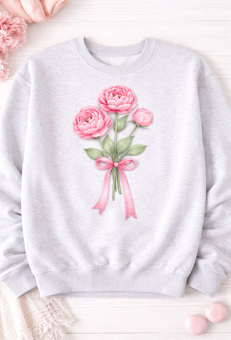 Pink Peony Floral Bow Crewneck Sweatshirt